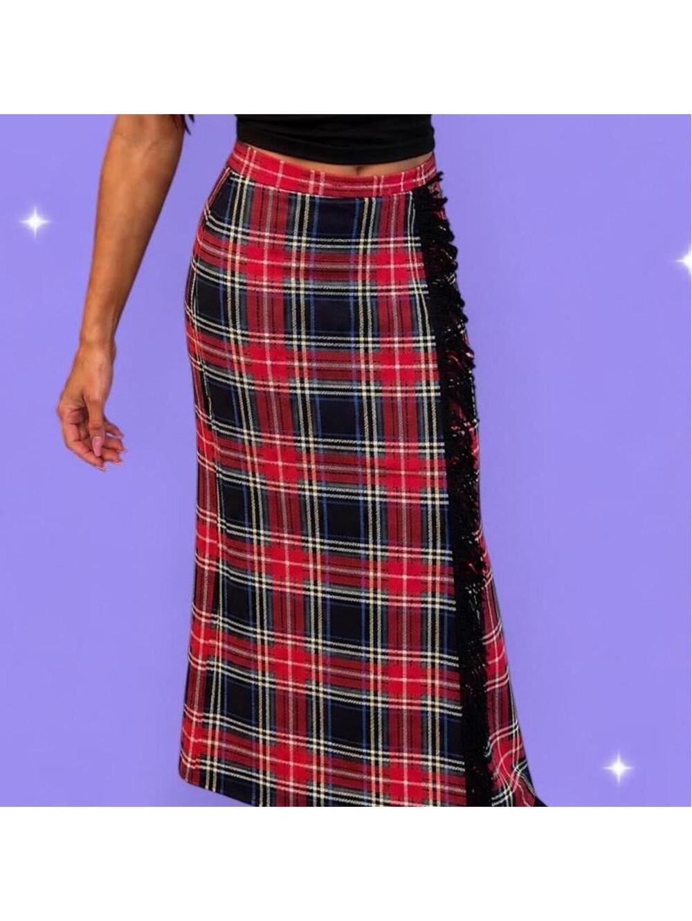 Vintage 70s red black plaid fringe maxi skirt boho retro size 1/2